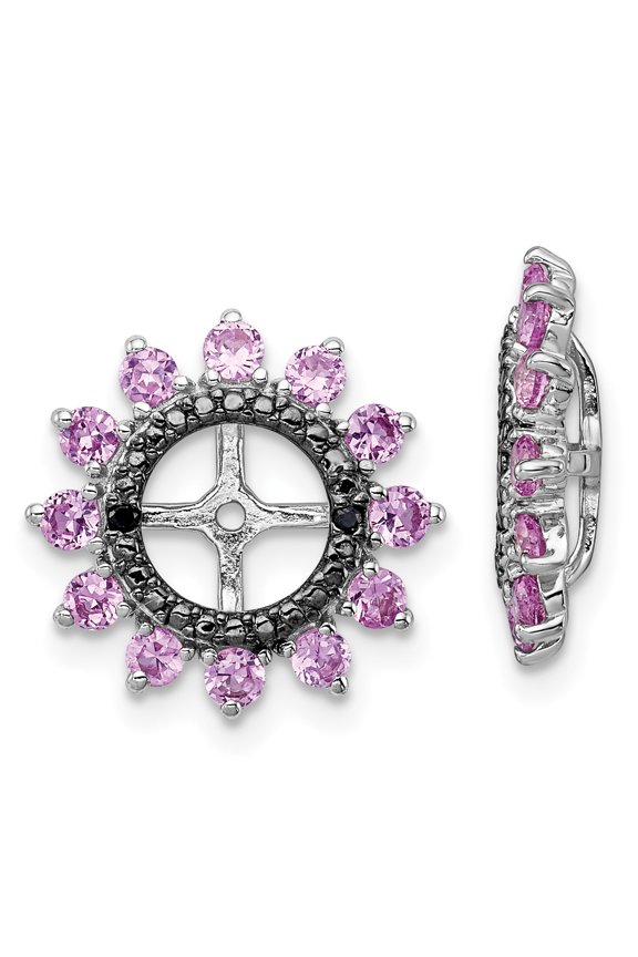 925 Sterling Silver Rhodium Created Pink Sapphire and Black Sapphire Earring Jack