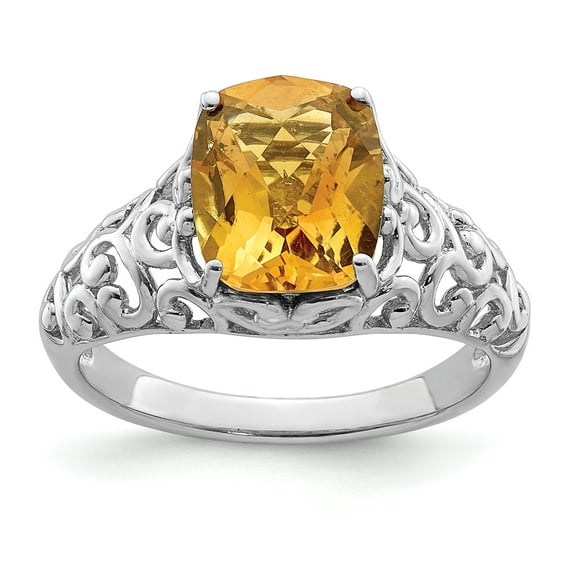 925 Sterling Silver Rhodium Cushion Checker-Cut Citrine Ring Size 5