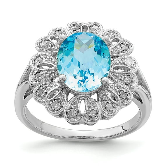 925 Sterling Silver Rhodium Diamond and Checker-Cut Light Swiss Blue Topaz Ring Size 7