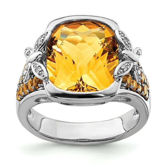 925 Sterling Silver Rhodium Diamond and Citrine Ring Size 7