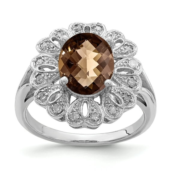 925 Sterling Silver Rhodium Diamond and Oval Checker-Cut Smoky Quartz Ring Size 7
