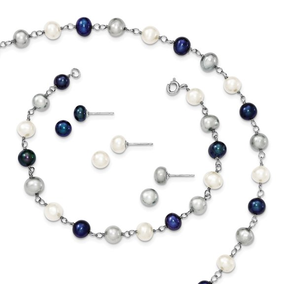 925 Sterling Silver Rhodium Freshwater Cultured Pearl Necklace, Bracelet & 3pc Earring Set