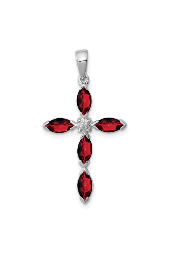 925 Sterling Silver Rhodium Garnet and Diamond Cross Shaped Pendant