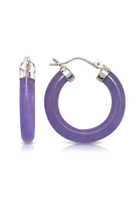 Solid 925 Sterling Silver Simulated Onyx, Lavender or Green Dyed Jade Hoop Earrings 26x4mm Hoop Earring for Women