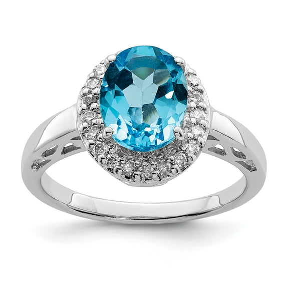 925 Sterling Silver Rhodium Oval Blue Topaz and Diamond Ring Size 10