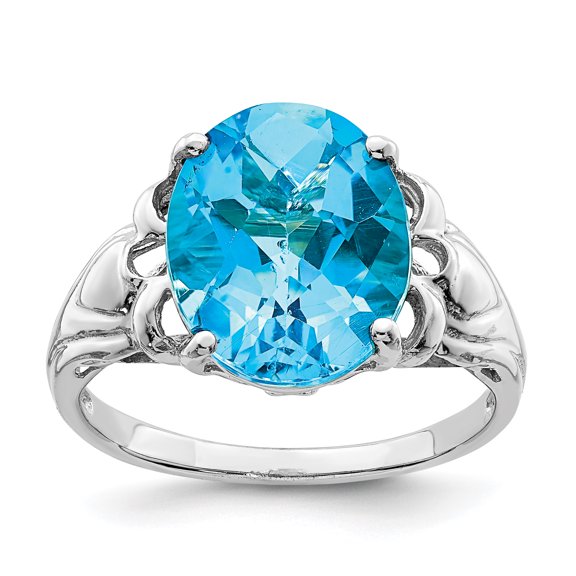 925 Sterling Silver Rhodium Oval Checker-Cut Blue Topaz Ring Size 7