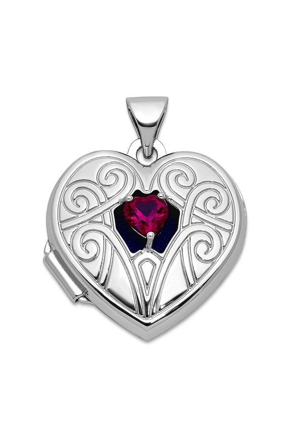 925 Sterling Silver Rhodium Plat Lab Created Ruby July 18mm Love Heart Locket Locket Necklace for Women