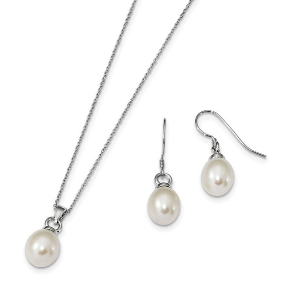 925 Sterling Silver Rhodium-Plate 10-11mm Freshwater Cultured Pearl Earring Necklace Set