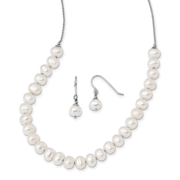 925 Sterling Silver Rhodium-Plate 7-8mm White Freshwater Cultured Pearl Earring & Necklace Set