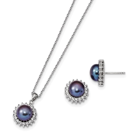 925 Sterling Silver Rhodium-Plate 8-9mm Black Freshwater Cultured Pearl Earring & Necklace Set