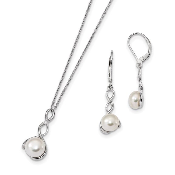 925 Sterling Silver Rhodium-Plate 8-9mm White Freshwater Cultured Pearl Earring Necklace Set