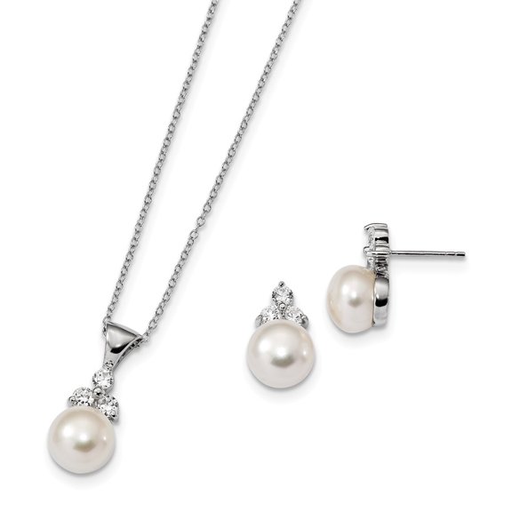 925 Sterling Silver Rhodium-Plate 9-10mm Coin Freshwater Cultured Pearl Cubic Zirconia ( CZ ) Earring & Necklace Set