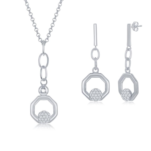 925 Sterling Silver Rhodium Plated/14kGold Plated Sun/Halo Circle/Pear-Shaped/Rectangle/Hexagon/Compass Cubic Zirconia 18’’ Pendant Necklace and Earrings Set Jewelry for Women or Teens(silver-hexagon)