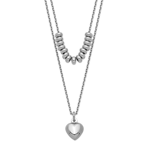 925 Sterling Silver Rhodium Plated 2-strand Beads And Love Heart Dangle Necklace 16 Inch 7.15mm Wide Strand Necklace for