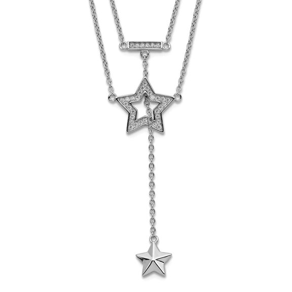 925 Sterling Silver Rhodium Plated 2-strand Cubic Zirconia Star With 1in. Ext. Necklace 16 Inch 12mm Wide Strand Necklac