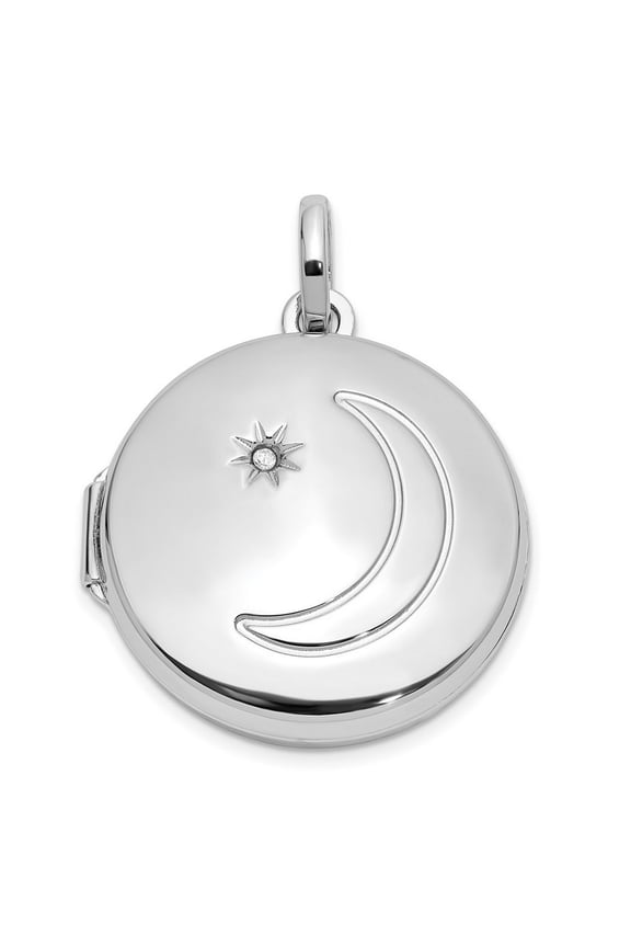925 Sterling Silver Rhodium Plated 20mm Diamond Celestial Moon and Star Round Photo Locket Pendant Necklace Jewelry for