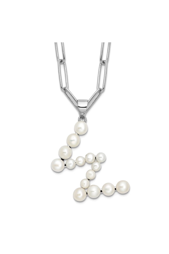 925 Sterling Silver Rhodium Plated 3-5.5mm Freshwater Cultured Pearl Letter Name Personalized Monogram Initial W Necklac