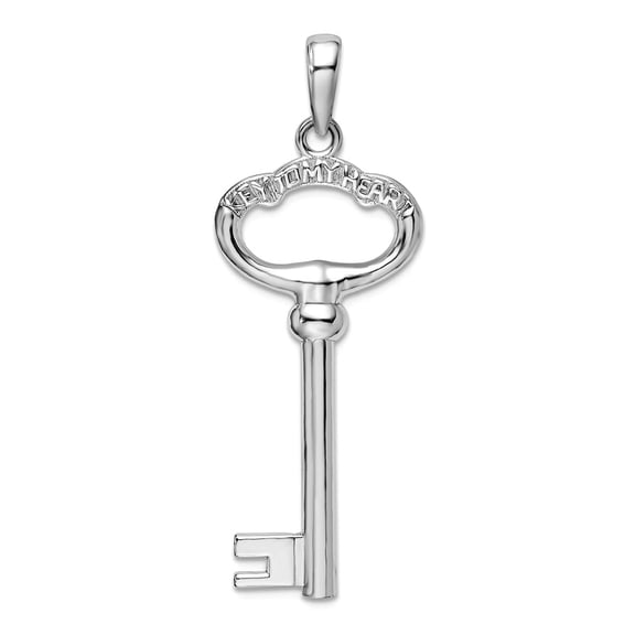 925 Sterling Silver Rhodium Plated 3d Key To My Love Heart Key Pendant Necklace 34.5mm long Pendant for Women