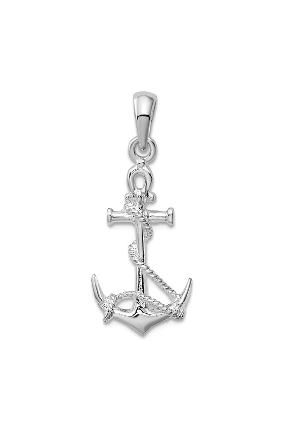 925 Sterling Silver Rhodium Plated 3d Nautical Ship Mariner Anchor With Rope and Shackle Pendant Necklace 27.37mm long P