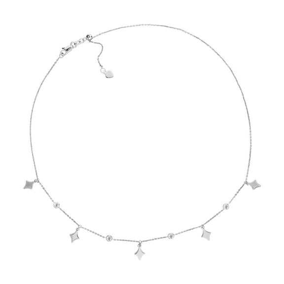 925 Sterling Silver Rhodium Plated 3mm Cubic Zirconia and Diamond Shape Station Choker 16 Inch Choker Necklace for Women