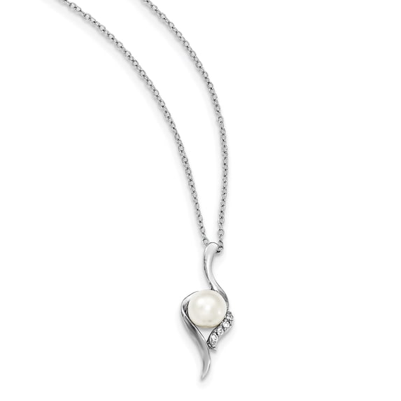 925 Sterling Silver Rhodium-Plated 6-7mm White Freshwater Cultured Pearl Cubic Zirconia Necklace 17 Inch