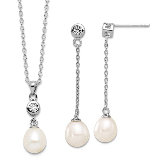 925 Sterling Silver Rhodium Plated 7-8mm Fwc Pearl Cubic Zirconia 17inch Necklace Earrings Set Jewelry Set for Women