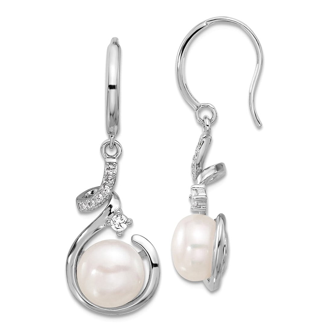 925 Sterling Silver Rhodium Plated 8-8.5mm Fwc Pearl Cubic Zirconia Shepherd Hook Earrings 34.3x12mm Wide Stud Earring f