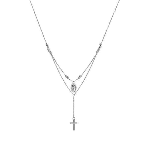 925 Sterling Silver Rhodium Plated Adjustable Double Strand Virgin Mary Religious Faith Cross Necklace 17 Inch Strand Ne