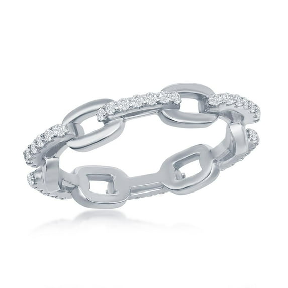 925 Sterling Silver Rhodium Plated Alternating Polished and Cubic Zirconia Paper Clip Link Chain Design Eternity Band Ring Jewelry for Women or Teens Made in Italy (size-7)