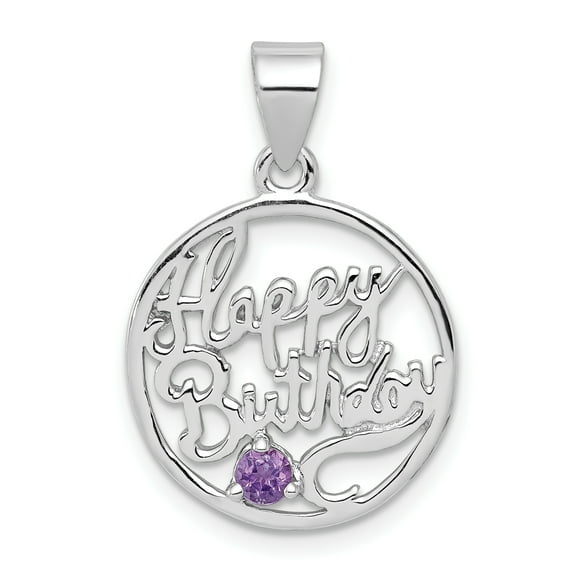 925 Sterling Silver Rhodium Plated Amethyst Happy Birthday Pendant