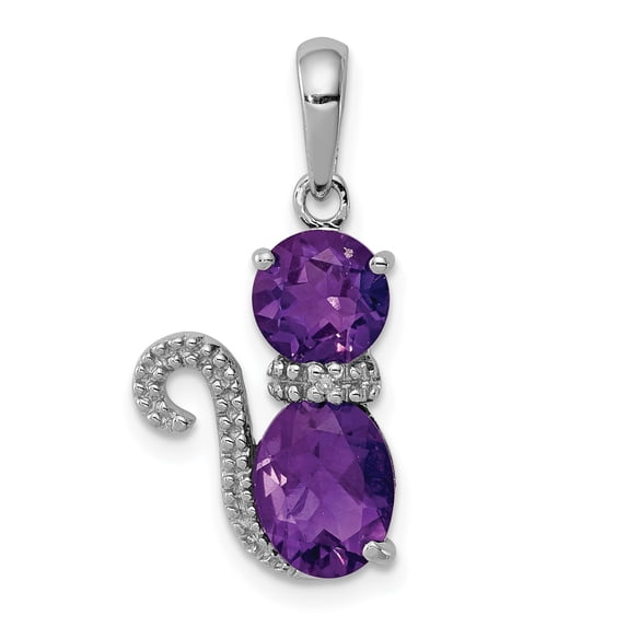 925 Sterling Silver Rhodium Plated Amethyst and Diamond Cat Shaped Pendant