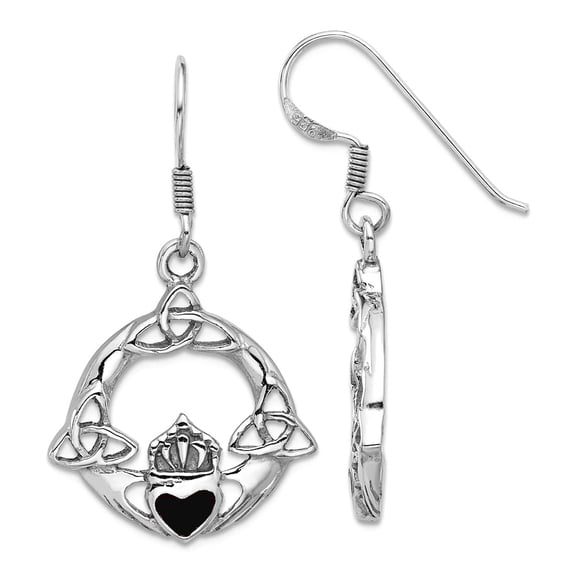 925 Sterling Silver Rhodium Plated Black Simulated Onyx Irish Claddagh Celtic Trinity Knot Dangle Shepherd Hook Earrings