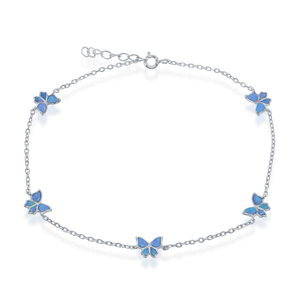 925 Sterling Silver Rhodium Plated Blue Created Opal Butterfly Design 9+1’’ Charm Anklet/Bracelet Jewelry for Women or Teens