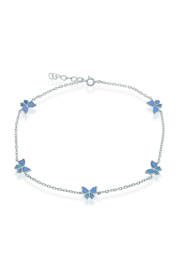 925 Sterling Silver Rhodium Plated Blue Created Opal Butterfly Design 9+1’’ Charm Anklet/Bracelet Jewelry for Women or Teens