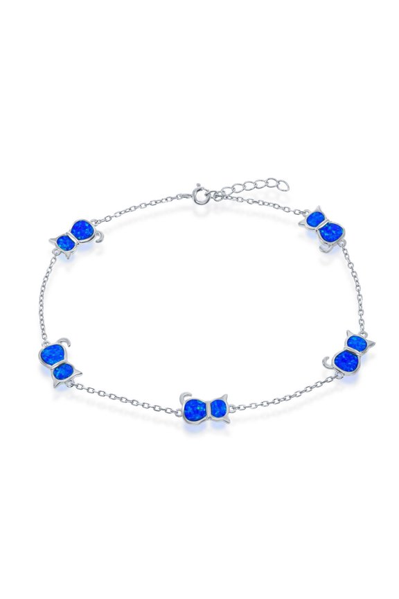 925 Sterling Silver Rhodium Plated Blue Created Opal Cat Design 9+1’’ Charm Anklet/Bracelet Jewelry for Women or Teens