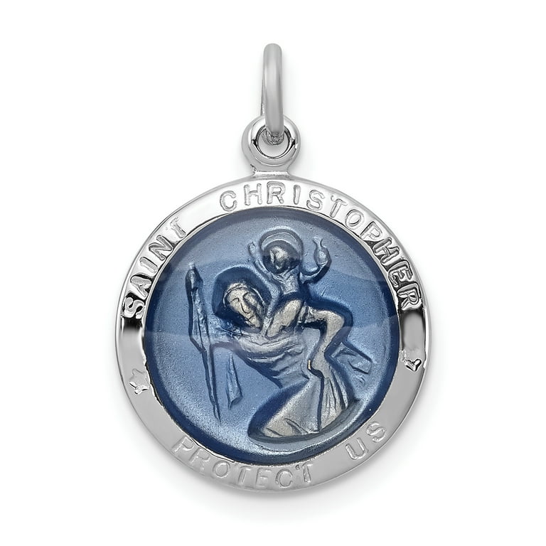 925 Sterling Silver Rhodium-Plated Blue Epoxy St. Christopher