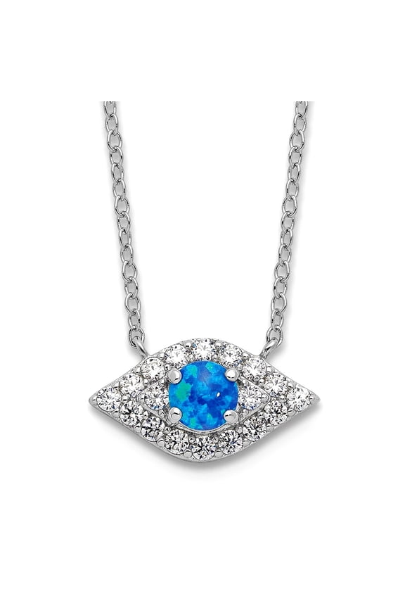 925 Sterling Silver Rhodium Plated CZ Blue Created Opal Evil Eye With 2inch Extension Necklace 16 Inch 8mm Wide Pendant