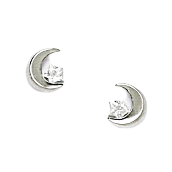 925 Sterling Silver Rhodium Plated CZ Crescent Celestial Moon With a Star Screw Back Earrings 7x6mm Stud Earring for Wom