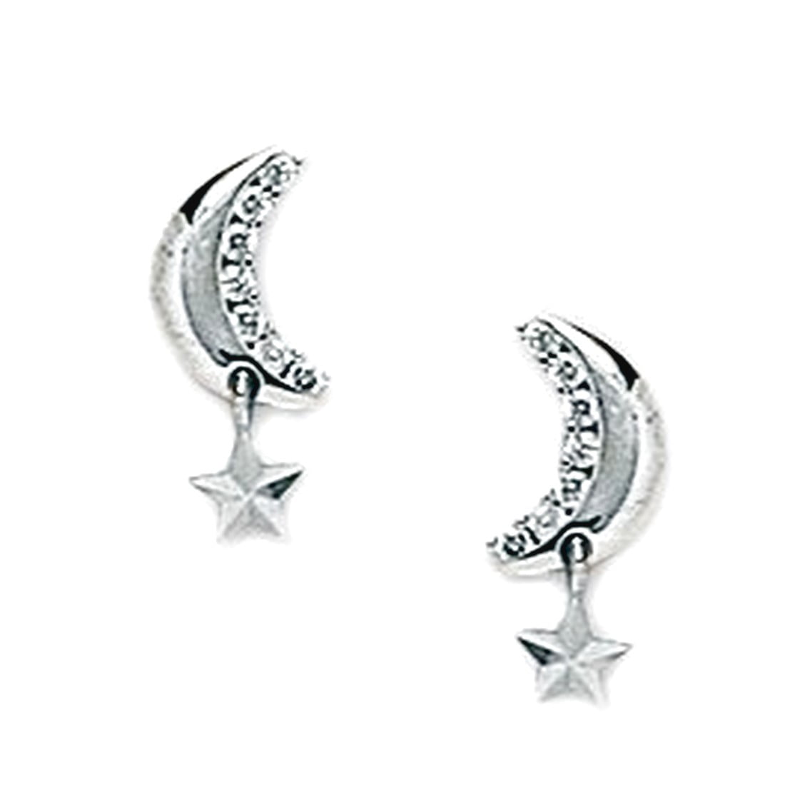 925 Sterling Silver Rhodium Plated CZ Crescent Celestial Moon With a Star Screw Back Earrings 11x6mm Stud Earring for Wo