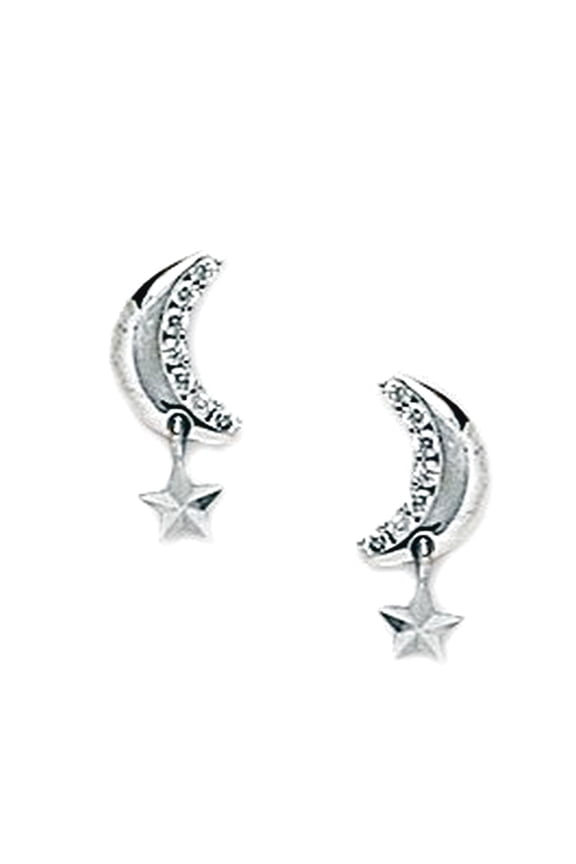 925 Sterling Silver Rhodium Plated CZ Crescent Celestial Moon With a Star Screw Back Earrings 11x6mm Stud Earring for Wo