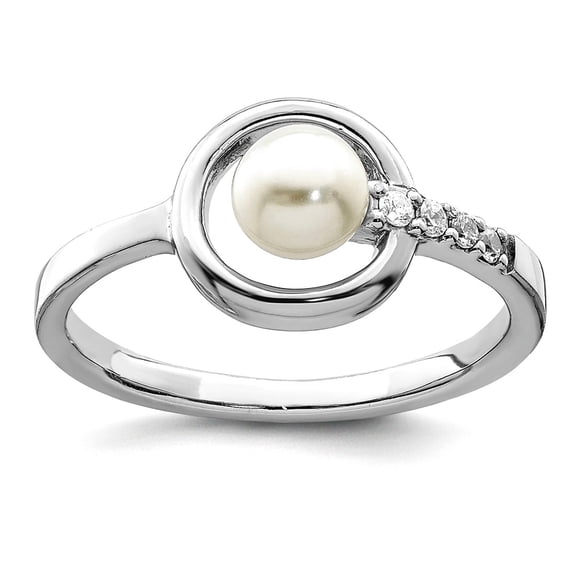 925 Sterling Silver Rhodium Plated Cubic Zirconia 5-6mm Button Fwc Pearl In Circle Ring Size 8 Ring for Women