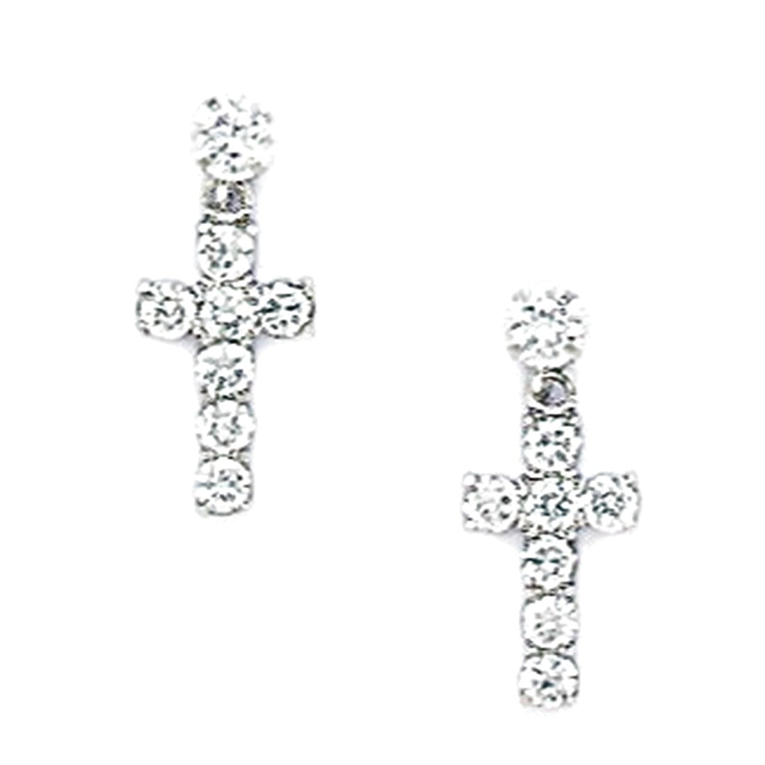 925 Sterling Silver Rhodium Plated Cubic Zirconia Big Religious Faith Cross Screw Back Earrings 15x7mm Stud Earring for