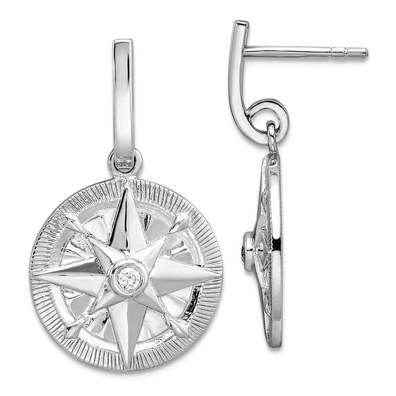 925 Sterling Silver Rhodium Plated Cubic Zirconia Compass Dangle Post Earrings 27.3x16mm Wide Dangle Earring for Women