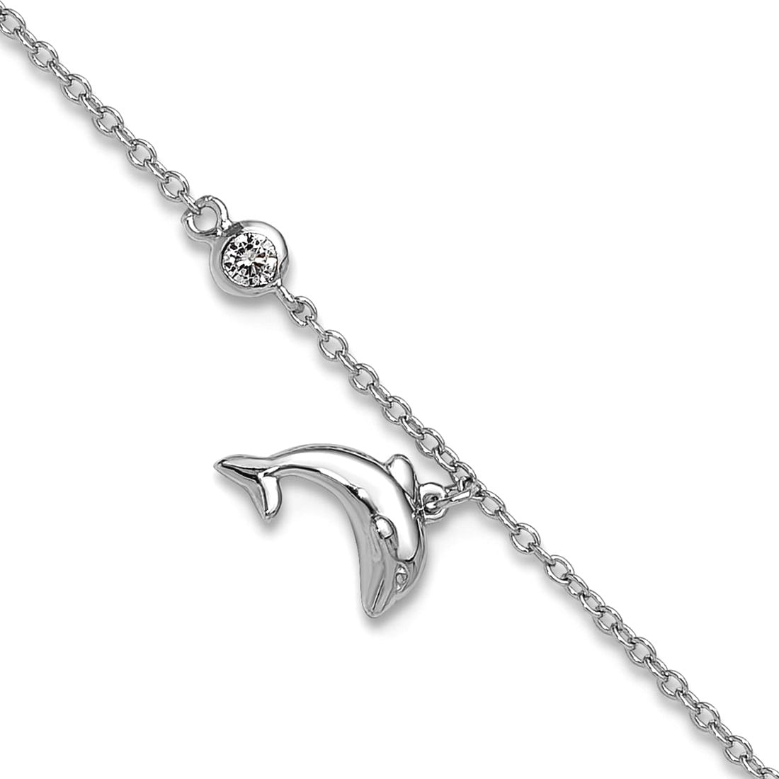 925 Sterling Silver Rhodium Plated Cubic Zirconia Dolphin With 2in Ext Anklet 9 Inch 6.45mm Wide Anklet for Women