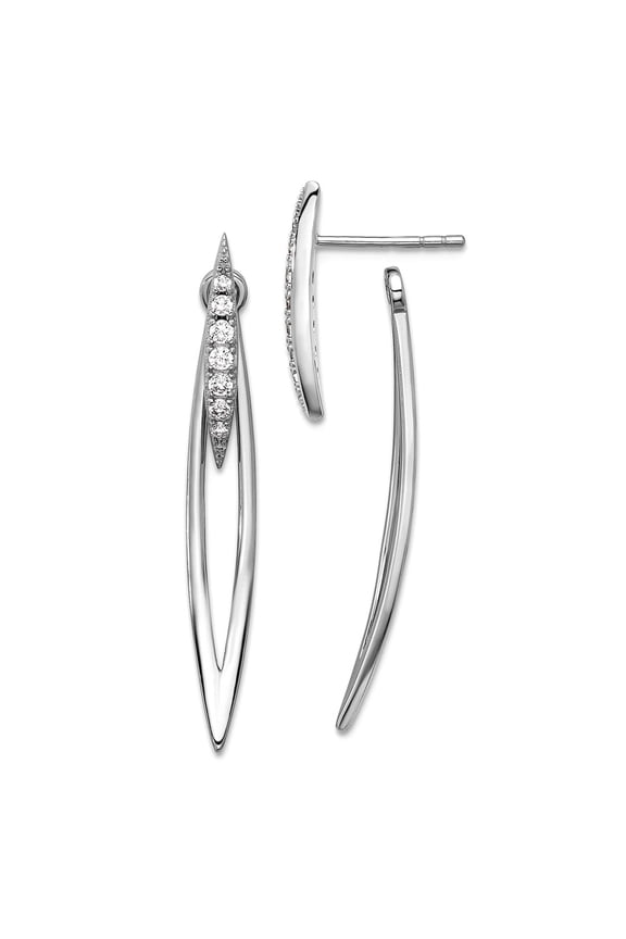 925 Sterling Silver Rhodium Plated Cubic Zirconia Double Curved Bar With Jacket Post Earrings 37.5x5mm Wide Earring Jack