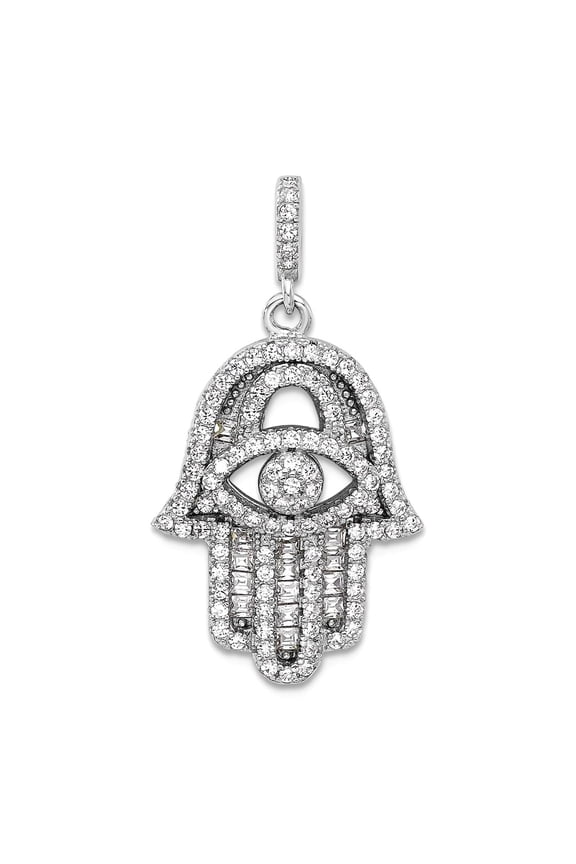 925 Sterling Silver Rhodium Plated Cubic Zirconia Evil Eye Hamsa Pendant Necklace 23.13x16.17mm Wide 3.9mm Thick Pendant