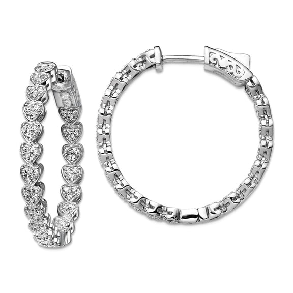 925 Sterling Silver Rhodium Plated Cubic Zirconia In and Out Love Heart Round Hoop Earrings 30mm Wide 2.63mm Thick Hoop