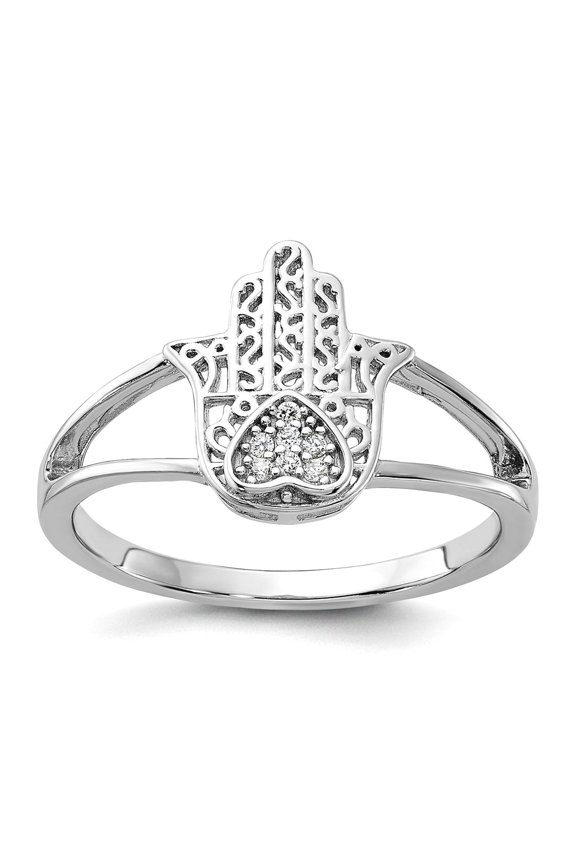 925 Sterling Silver Rhodium Plated Cubic Zirconia Love Heart Hamsa Ring Size 7 1.5mm Wide Statement Ring for Women