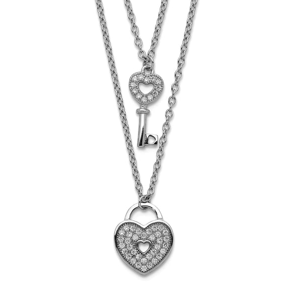 925 Sterling Silver Rhodium Plated Cubic Zirconia Love Heart Lock Key With 2inch Ext Necklace 16 Inch 11.5mm Wide Pendan