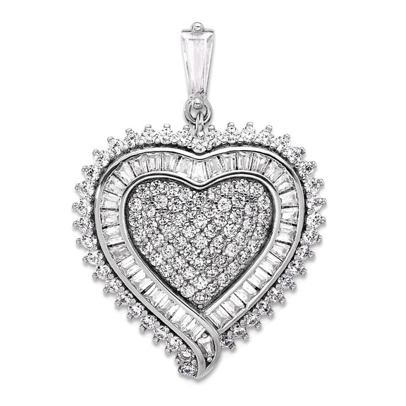 925 Sterling Silver Rhodium Plated Cubic Zirconia Love Heart Pendant Necklace 30.3x23mm Wide Pendant for Women